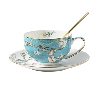 Image of Pfedxoon Bone China Tea Cup with Saucer Spoon 3 Piece Set（240ml） Cappuccino Cups, Set, British Coffee Porcelain Latte Mother&#039;s Day Gift (Blue Flower)