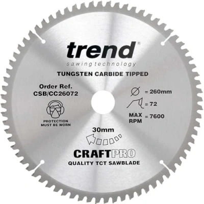 Image of Trend Wood Mitre Saw Blade, 260mm Diameter, 30mm Bore, 72 Teeth, TCT, 2.6mm Kerf, 5 Hook, CSB/CC26072