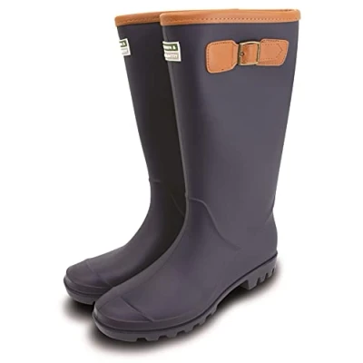Image of Town &amp; Country Ladies/Women&#039;s/Men&#039;s Wellies Adjustable Buckle Flat Festival Rain Boots Wellingtons Sizes 4 12 UK Navy Tan Fleece