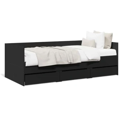 Image of vidaXL Day Bed, Guest Bed with 3 Drawers Wheels, Sofa for Bedroom, Daybed Black, 75 x 190 cm, Wood Material