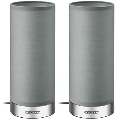 Image of Monzana® Set of 2 LED Table Lamps w/Fabric Shades Dimmable 15 Watts 3 Brightness Levels Bulbs IP20 Protection Reading Light, Bedside Lamp, Desk Lamp Grey &amp; Satin Nickel