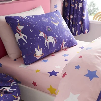 Image of Happy Linen Company Girls Kids Space Unicorn Purple Toddler Cot Bed Reversible Extra Pair Of Pillow Cases