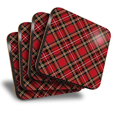 Image of Destination Vinyl ltd Great Coasters (Set of 4) Square Red Tartan Scottish Fabric Scotland Drink Glossy Coasters/Tabletop Protection for Any Table Type #15842