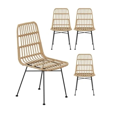 Image of VonHaus Rattan Dining Chairs Set of 4 Wicker Kitchen with Black Metal Legs Modern Boho for Room &amp; Natural Dinner Table Richmond