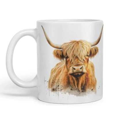 Image of Vixar Highland Cow Scottish Farm Animals Watercolour Art Coloured 330 ml Mug Cup Gift Birthday Work Office Tea Coffee (hc5) (White)
