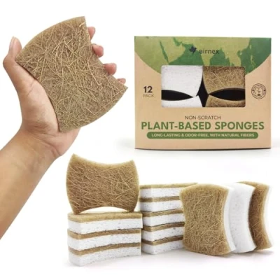 Image of AIRNEX Biodegradable Eco Sponges Washing Up Scouring Pads Non Scratch Natural Cellulose and Coconut Kitchen Sponge Scourers Pack of 12 Heavy Duty for Dishes, Pots Pans