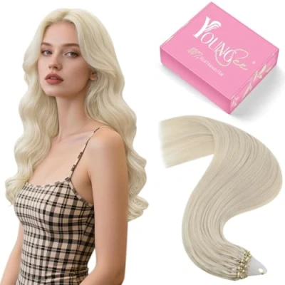 Image of YoungSee Micro Beads Hair Extensions Blonde Microloop Ring Human Link Platinum 22in 50s 50g