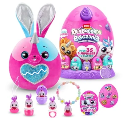 Image of Rainbocorns Eggzania Surprise Mania Whipper the Bunny Collectible Plush Over 20 Surprises Inside, 28 cm, Cuddle Stuffed Animal, Rings, Bracelets, Stickers, Wearable Accessories (Bunny)