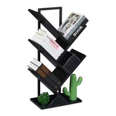 Image of Tree Bookshelf, 4 Tier Bookcase, hwd: 71 x 40 21.5 cm, Storage for Books &amp; CDs, Free Standing Shelves, Black Relaxdays