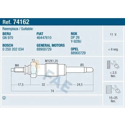 Image of 46447610, 71735459 Glow plug FAE 74162 11V M12x125