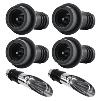 Image of 4 Pieces of Wine Bottle Stoppers, 2 Pourers, Reusable Airtight Leak Proof Champagne Red Dust Accessories
