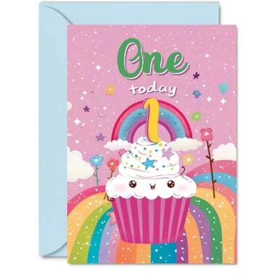 Image of 1st Birthday Card Girl Cupcake Rainbow Happy for 1 Year Old Girl, Age Girls Cards, A5 Bday Greeting