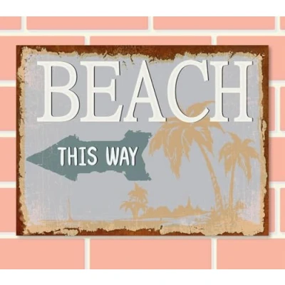 Image of BEACH THIS WAY Arrow Direction Retro Metal Sign Seaside Bar Pub Plaque Party Vintage Gift