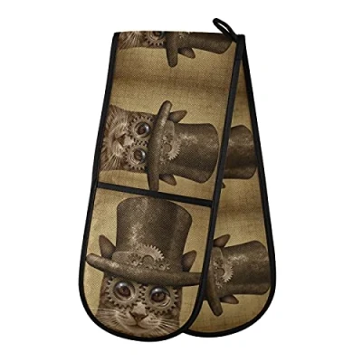 Image of PUXUQU Oven Gloves Double Mitts Gloves, Vintage Steam Punk Cat Heat Resistant for Baking BBQ Kitchen Cooking
