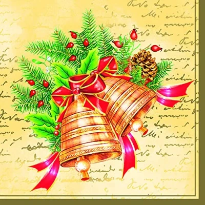 Image of DAISY 3 Ply Xmas Decoupage Tissue Paper Napkins Decorative Christmas Serviettes 33cm x Pack of 20 (Christmas Bells Cream)