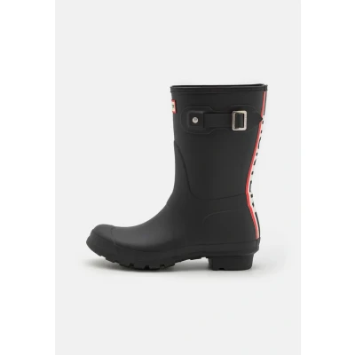 Image of Hunter Original Womens Short TRI Colour LOGO Backstrap BOOT Wellies, Women&#039;s, Size: 8, Black Natural rubber