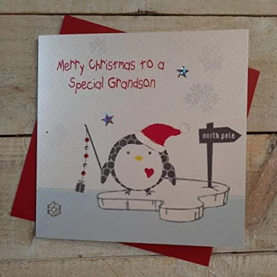 Image of White cotton cards X144 Special Grandson Handmade Christmas Card with Penguin Design,