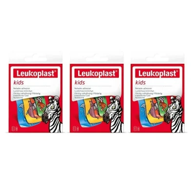 Image of Leukoplast Kids Plasters Sterile, Soft Absorbant Pads Waterproof Skin Friendly Low Adhesive Fun Animal Designs Zebra Monkey Hippo Shark 12 PCs (x3 Pack)