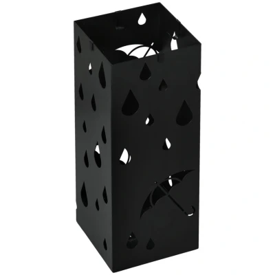 Image of HOMCOM Steel Umbrella Stand, Square Holder with 4 Hooks and Removable Drip Tray, Hollowed Basket for Hallway, Black