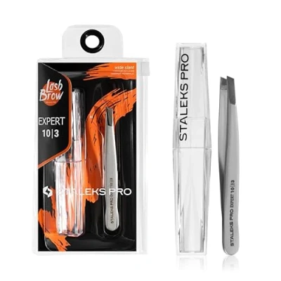 Image of STALEKS PRO Expert Wide Beveled Stainless Steel Eyebrow Tweezer, Matte Finish, Includes Storage Case