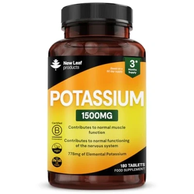 Image of Potassium Supplements High Strength 180 Vegan Tablets Mineral Electrolytes Supplement Contributes to Normal Muscle Function, Nervous System Gluten Free, Non GMO, Made in UK by New Leaf