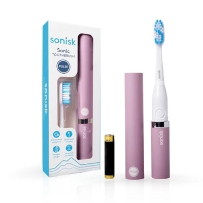 Image of Sonisk Pulse Battery Powered Electric Toothbrush Portable Travel Size with Antimicrobial Sonic Technology 1x Battery, 2X Brush Heads, Case Included (Lilac)