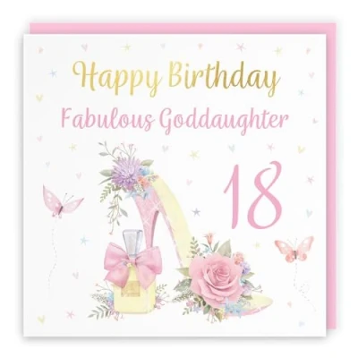 Image of Hunts England 18th Goddaughter High Heel And Perfume Birthday Card Luxury Gold Foil Milo&#039;s Gallery Age 18 Pretty For Eighteen