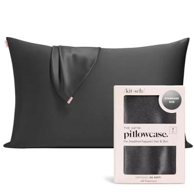 Image of Kitsch 100% Satin Pillowcase with Zipper, Softer Than Silk for Hair &amp; Skin, Cooling Pillow case, Case Cover (Standard/Queen (1 Pack), Charcoal)