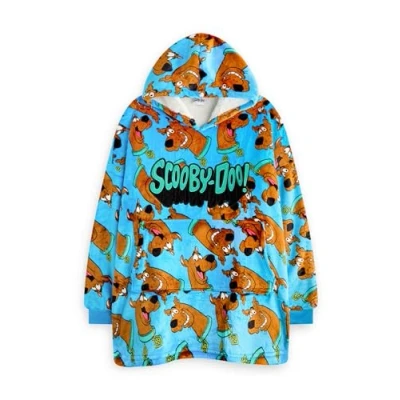 Image of Scooby Doo! Boys Wearable Blanket Hoodie Kids Hooded Fleece Pullover in Blue Character All Over Print Sherpa Lined Loungewear with Pockets Animated Cartoon Series Merchandise Gift