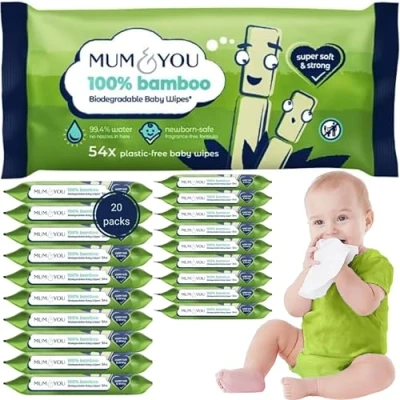 Image of Mum &amp; You Bamboo baby wipes Multipack 100% Biodegradable wet (20 Packs), 99.4% Water for Sensitive Newborn Skin, Bulk, Bum Wipes, Tissue,Eco Friendly