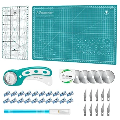 Image of Rotary Cutter Set Quilting Kit incl. 45mm Fabric Cutter, 5 Extra Blades, A3 Self Healing Cutting Mat, Acrylic Ruler and Sewing Clips, Craft Knife, Ideal for Crafting, Sewing, Patchworking