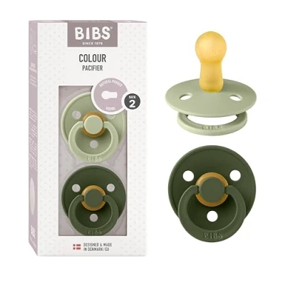 Image of BIBS Colour Soother 2 Pack, BPA Free Dummy Pacifier, Round Nipple. Natural Rubber Latex, Size (6 18 Months), Sage/Hunter Green