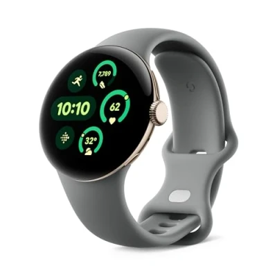 Image of Google Pixel Watch 3 (41 mm) Android smartwatch with heart rate tracking, advanced running from Fitbit, fitness insights, 24 hour battery Champagne Gold Aluminium Case Hazel band LTE
