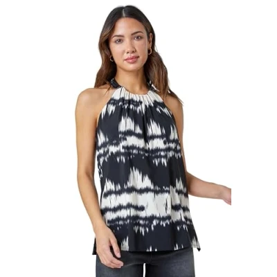 Image of Roman Petite Zig Zag Print Halterneck Top for UK Ladies Spring Everyday Summer Holiday High Round Neckline Comfy Sleeveless Soft Stretch Jersey Shirt Day Out Blouses Black Size 20