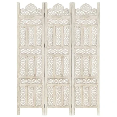 Image of vidaXL Solid Mango Wood White Wash 3 Panel Hand Carved Room Divider Screen for Living Room, Dining and Bedroom Decor