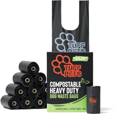 Image of Tuff Pets Plant Based 50% Stronger Compostable Dog Poop Bags with Tie Handles on a Roll 12 Dispenser Refill Rolls Easy to Use Premium Biodegradable Poo Certified Home Compostable…