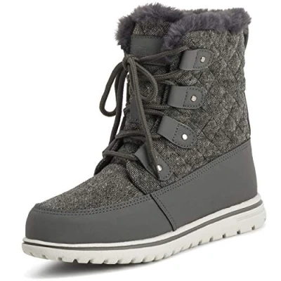 Image of Polar Boot Womens Quilted Outdoor Cuff Snow Duck Waterproof Lace Up Faux Fur Boots, Grey Textile Quilted, 3 UK