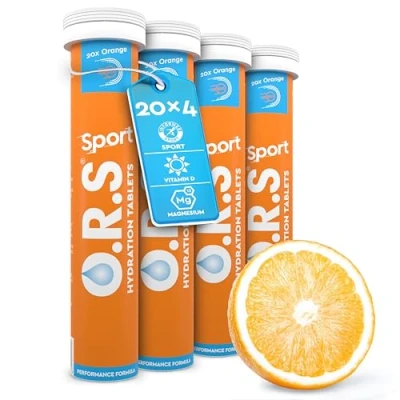 Image of O.R.S Sport Hydration Tablets with Electrolytes, Vegan, Gluten and Lactose Free Formula Soluble Sports Oral Rehydration Natural Orange Flavour, Low Calorie, 80 (Pack of 4)