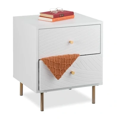 Image of Relaxdays, 2 Drawers, Bedside Cabinet Bedroom, Side Table, HxWxD: 52 x 45 40 cm, White/Gold, Fibreboard