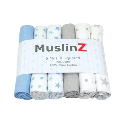 Image of MuslinZ 6pk Baby Muslin Squares Burp Cloth Newborn Essential mulit use Soft and Absorbent 100% Cotton 70x70cm (Bright Blue Mix)