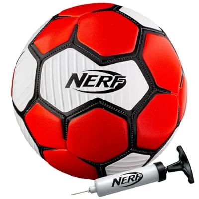 Image of NERF Proshot Kids Soccer Ball Size 3 Indoor + Outdoor Youth Air Pump Set Official Soft Cover Boys Girls Inflation Needle Included Red/White