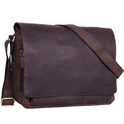 Image of STILORD &#039;Rick&#039; Vintage Shoulder Bag Leather Satchel Laptop 15.6 inches Messenger Genuine Buff Leather, Colour:Flat Dark Brown