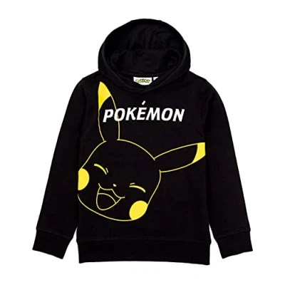 Image of Pokemon Hoodie for Boys and Girls Kids Game Pikachu Face Black Jumper Pullover Clothing Gamer Merchandise 9 10 Years
