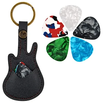 Image of suchkawe Guitar Picks Holder with 5 Pcs Picks, Leather Keyring Keychain Case Shape Plectrum Bag (Black)