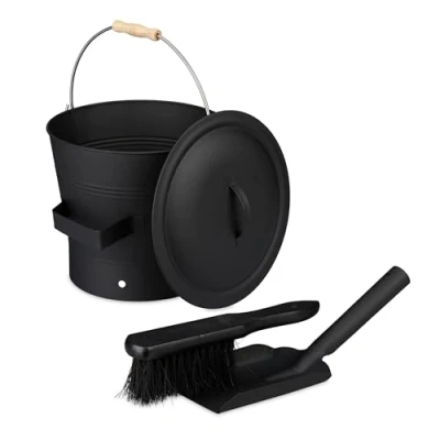 Image of Relaxdays Ash Bucket with Lid &amp; Sweeping Set, 7.5 Litres, Shovel Broom, Fireplace Bin, Container Handle, Black
