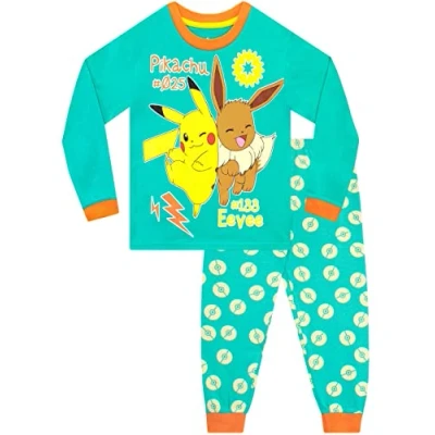 Image of Pokémon Girls Pikachu and Eevee Pyjamas Long Sleeve Pyjama Set for Kids Green 7 8 Years