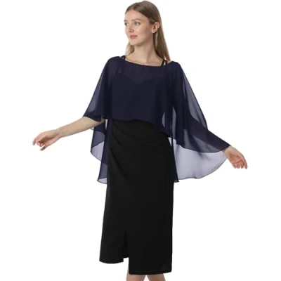 Image of Hotshawl Capelets for women Chiffon Cape Shawls and Wraps Evening Dress Wedding Capes Cover Up, Navy, One Size