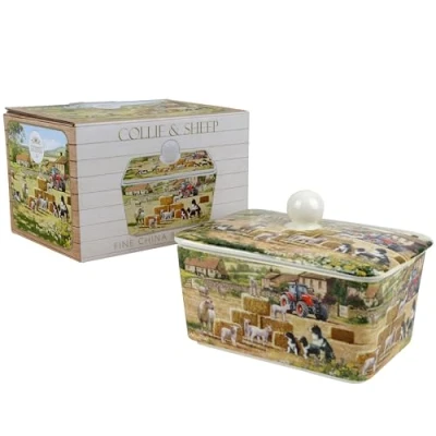 Image of The Leonardo Collection Macneil Studios Collie &amp; Sheep Butter Dish with Lid British Designed Large for All Types of Kitchen Dishes Sizes