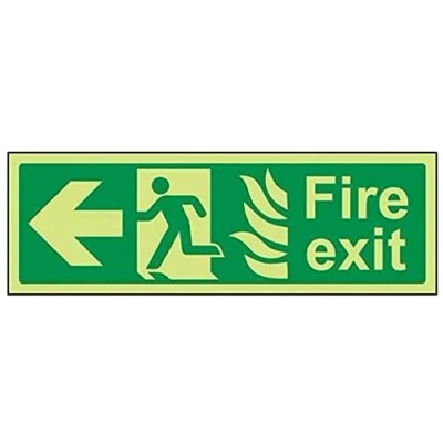 Image of V Safety Glow In The Dark NHS Fire Exit Arrow Left Sign 450mm x 150mm Rigid Plastic