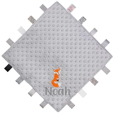 Image of TeddyTs Personalised Grey Embroidered Fox Baby Taggy Blanket Comforter